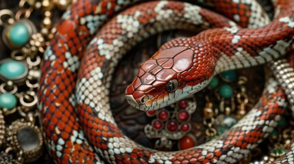 Intricate Vintage Jewelry and Colorful Snake Wrapped Around It