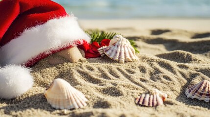 Wall Mural - A festive twist on the beach, Santa hat and seashells on a sunny day