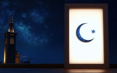 Wall Mural - Blank white poster framed in polished wood, set in front of a backdrop of the Islamic crescent and star symbol, illuminated by soft light against a deep blue sky