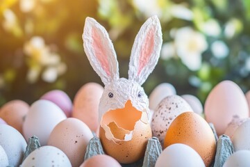 Wall Mural - A playful Easter bunny peeking out from its hiding spot