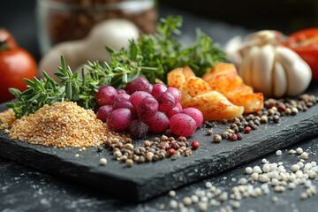 Wall Mural - Assorted foods displayed on a cutting board, perfect for food blogs or social media posts