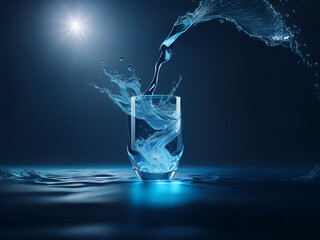 Poster - Dynamic image of water pouring into a glass, creating a splash and ripple effect.  The scene is dark, with a bright light source highlighting the water's movement.