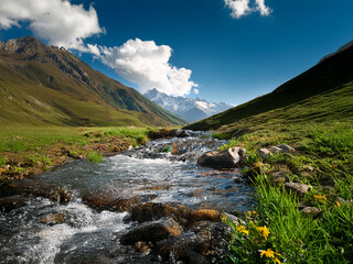 Poster - Serene mountain stream flows through lush green valley, under a vibrant blue sky dotted with fluffy white clouds.  Sunlight illuminates the scene, creating a picturesque landscape.