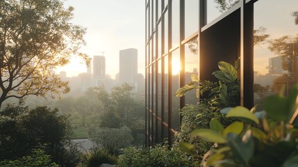 Wall Mural - Modern architecture and lush greenery at sunrise in an urban oasis.