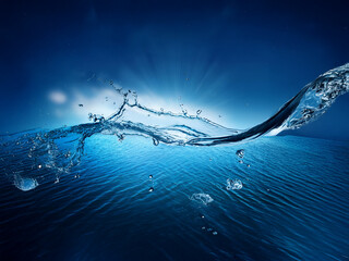 Poster - Dynamic water splash, sunlit, underwater scene.  Crystal clear wave and droplets against a deep blue background.  Pure, refreshing, and vibrant.