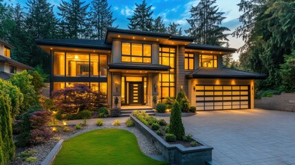 Aufkleber - A contemporary house with glowing interior lights and a beautifully landscaped front yard at twilight.