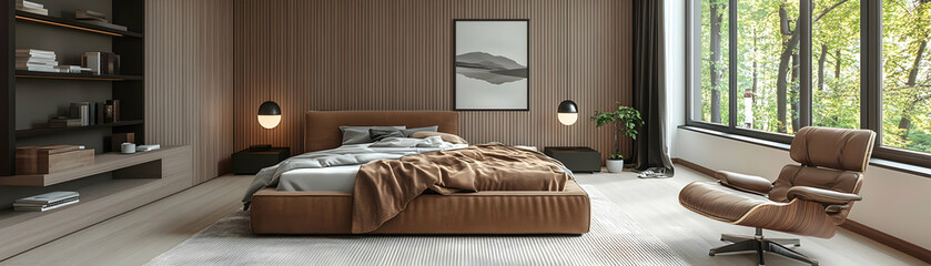 Wall Mural - Serene Bedroom Interior Design 3D Render: Modern Minimalist Bedroom with Wood Paneling and Natural Light