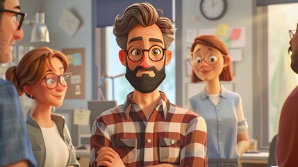 Poster - Man with beard and glasses, surrounded by colleagues in office.