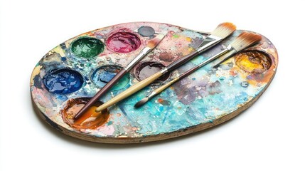 Colorful watercolor paint palette with brushes for artists isolated on white background