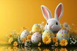© Vii - A white rabbit sits next to a collection of decorated eggs, possibly for Easter or a spring celebration