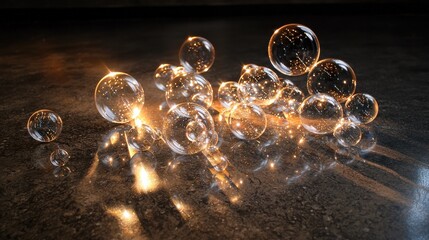 Poster - Captivating bubbles sparkling on a dark surface abstract art close-up contemporary illuminated scene