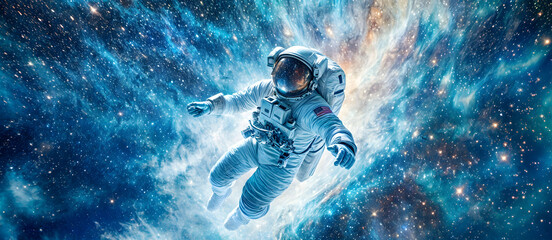 Wall Mural - Astronaut exploring the vastness of space amidst vibrant cosmic colors and celestial bodies in a breathtaking galactic environment