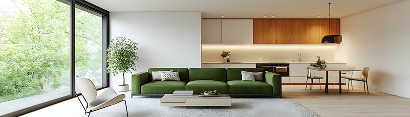 Wall Mural - Modern Apartment Interior Design 3D Rendering Green Sofa Wooden Kitchen Minimalist Living Room