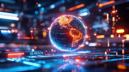Poster - A 3D-rendered floating holographic Earth surrounded by AI interfaces, glowing data points, and futuristic UI elements, illuminated with blue light.