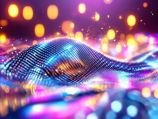 Poster - Shimmering geometric particles form dynamic waves, showcasing kinetic motion design, energy, and the concept of transformation.