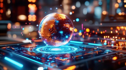 Poster - The 3D-rendered floating holographic Earth is enhanced with AI interfaces, glowing data points, and futuristic UI elements, all bathed in a mesmerizing blue light.