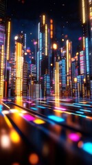 Poster - Futuristic skyscrapers with neon reflections on glass, vaporwave cityscape, retro-digital utopia concept