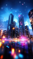 Poster - The futuristic skyscrapers with neon reflections on glass create a mesmerizing vaporwave cityscape, embodying a retro-digital utopia concept.
