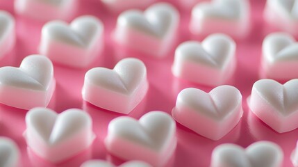 Wall Mural - White and pink heart-shaped marshmallows on a background