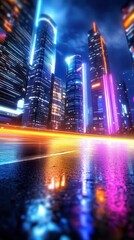 Poster - The futuristic skyscrapers with neon reflections on glass create a mesmerizing vaporwave cityscape in this retro-digital utopia concept.