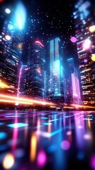 Poster - Neon skyscrapers with glitchy reflections, vaporwave urban dream, retro-futuristic aesthetic concept