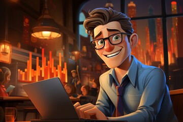 Poster - Smiling man works on laptop in a bar at night, city view.