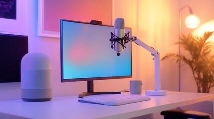 Poster - A chic, modern podcast workspace with a clean white desk, an articulate mic stand, and carefully curated minimalist decor.