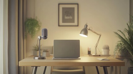 Poster - A minimalist podcast office featuring a clean wooden desk, a condenser microphone, and a laptop, framed by neutral-toned decor
