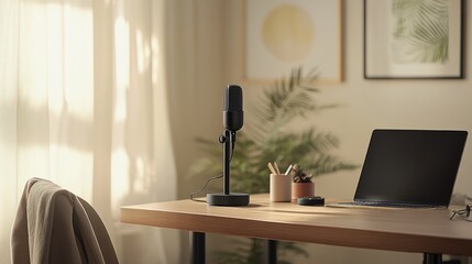 Poster - A minimalist podcast office featuring a clean wooden desk, a condenser microphone, and a laptop, framed by neutral-toned decor