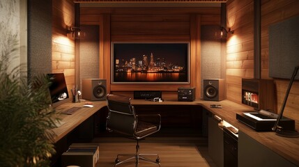 Poster - A modern studio with a large-screen monitor, a stylish microphone, and cozy, warm lighting for an inviting podcasting vibe