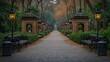 © Zaenal - Serene autumnal park path with benches, lamps, and ornate kiosks.