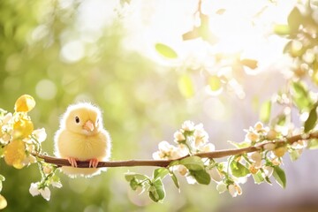 Wall Mural - A small yellow bird perched on a branch of a tree, natural scene