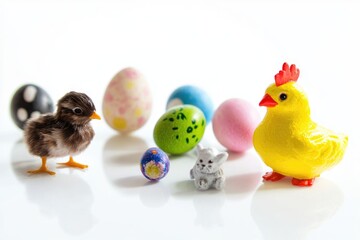 A collection of small plastic chickens and eggs, ideal for use in illustrations or as decorative items