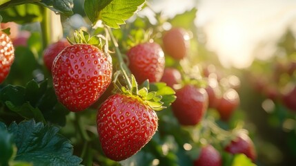 Canvas Print - Freshly grown strawberries glisten in the sunlight at a farm during early evening hours