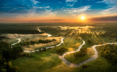 Wall Mural - beautiful spring morning over the forest and river - drone aerial view