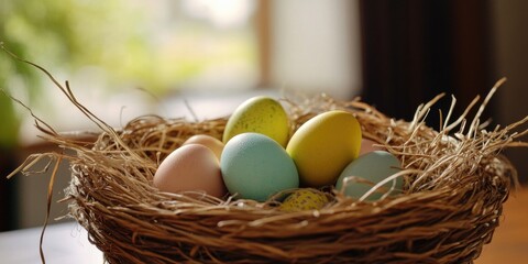 Sticker - A nest filled with eggs sitting on top of a table, perfect for food or decoration