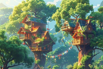Wall Mural - Two whimsical tree houses nestled amongst lush green trees, connected by colorful bunting.
