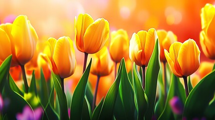 Wall Mural - Blooming yellow tulips in spring, their beauty enhanced by the setting sun's light.