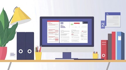 Poster - Modern office setup with policy binders, a compliance report on a tablet, and a checklist displayed on a monitor. business 
