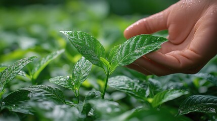 Canvas Print - Hand tending to green pepper plants in a lush garden during daylight hours