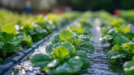 Canvas Print - Fresh lettuce seedlings thrive in a greenhouse setting with droplets of water sparkling under bright light