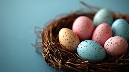 Wall Mural - A bird's nest filled with eggs sitting on a blue table