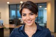 © PNG&Background Image - Happy Hispanic businesswoman in a blue shirt standing in the office with copy space.