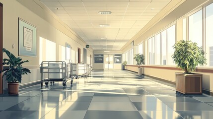 Wall Mural - Sunlit hospital corridor with plants and carts.