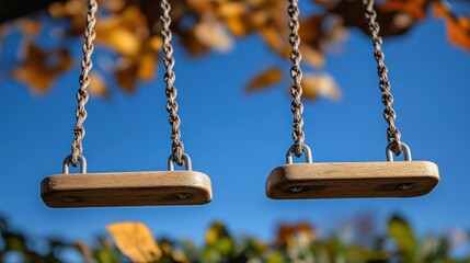 Two empty wooden swings hanging against a blue sky and autumn leaves.