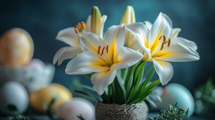 Wall Mural - Beautiful white lily with decorative eggs on a soft blue background for spring celebration