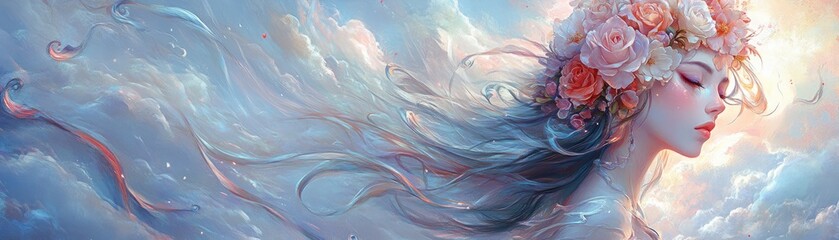 Sticker - A serene portrait of a woman with flowing hair and flowers, set against a dreamy sky.