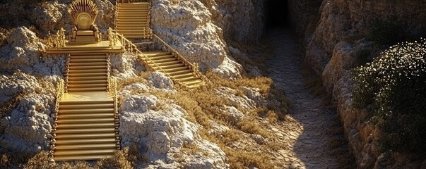 Wall Mural - A golden throne set on rocky terrain, leading to a dark cave entrance.