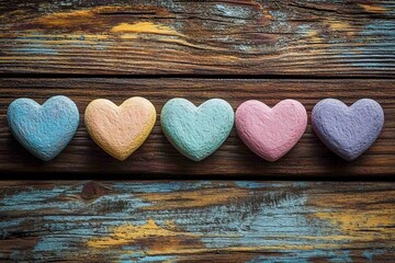 Colorful pastel heart shapes arranged on rustic wooden surface for decorative purposes or celebrations