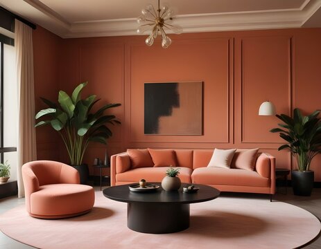 Minimalist Living Room Design Moody Terracotta Palette with Narrative Paneling